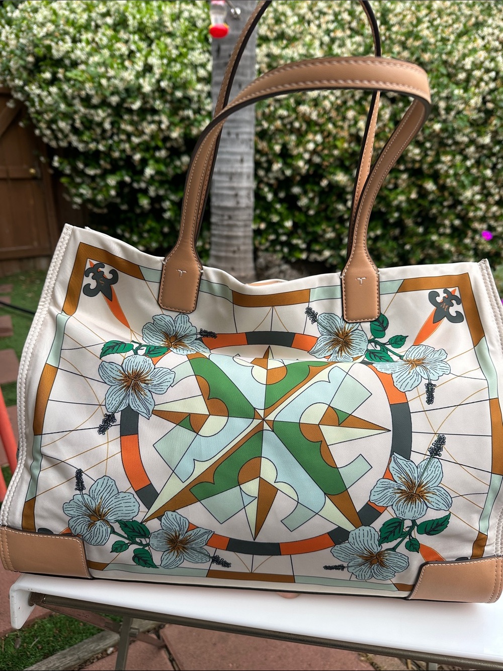 Tory Burch Floral Geometric Canvas Tote in Cream, Green, Orange and Tan